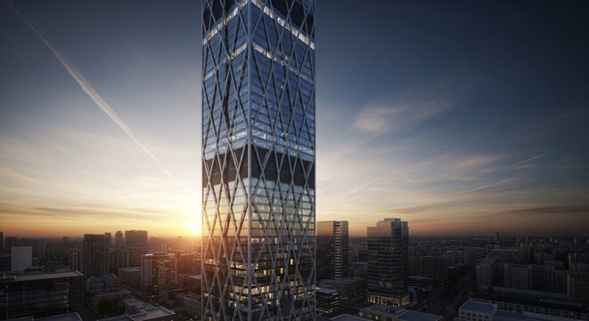 A modern skyscraper rises above the cityscape at sunset, its glass facade reflecting the warm light, showcasing contemporary architecture and urban development
