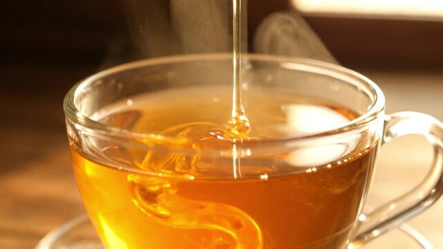 A close-up of liquid golden honey being drizzled into a steaming cup of hot tea, a comforting and natural sweetener for a healthy eating lifestyle