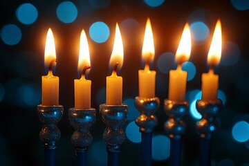 Glowing hanukkah menorah with seven lit candles festive bokeh background high resolution photo