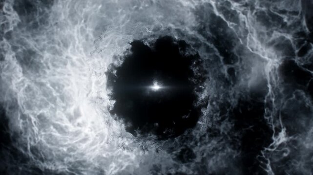 Bright cosmic scene with a dark scary cloud at the center, approaching a black hole in space, spiral interstellar object, journey into the multiverse, 4k,