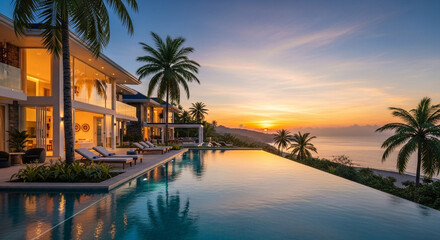 Luxury villa with infinity pool overlooking the ocean at sunset, showcasing a tropical paradise and serene vacation destination with palm trees