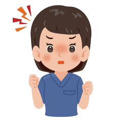 青色のスクラブを着た怒る女性　上半身イラスト／Angry woman wearing blue scrubs　upper body illustration