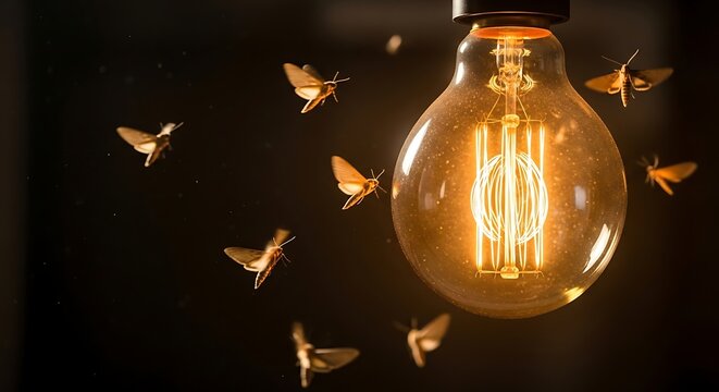 Illuminating Insects Drawn to Light Bulb.