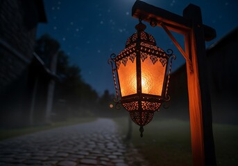 Nighttime Street Lamp Illuminating Foggy Alley.