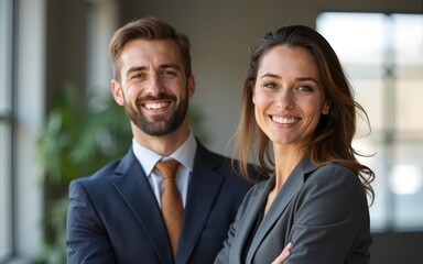 Young smiling business woman and business man. High quality