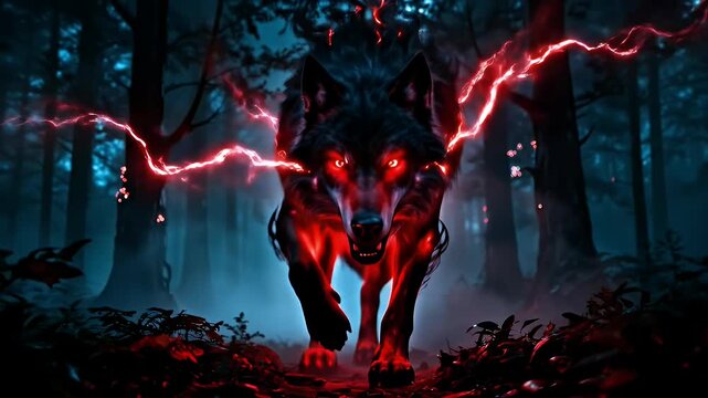 A fierce mythical wolf with glowing red eyes and lightning power in a dark fantasy forest.