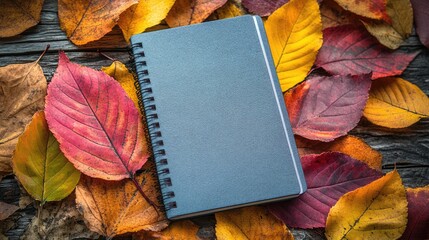 Blank spiral notebook on autumn leaves.