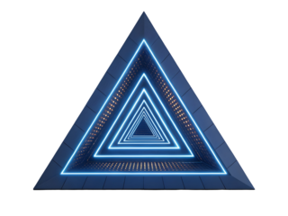 Abstract 3D triangle tunnel structure with infinite perspective and glowing blue neon light frames isolated on transparent background.