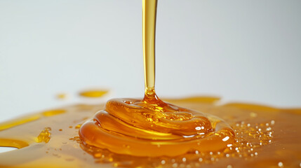 Pouring honey creates smooth, golden stream that glistens and forms puddles, evoking sense of sweetness and richness