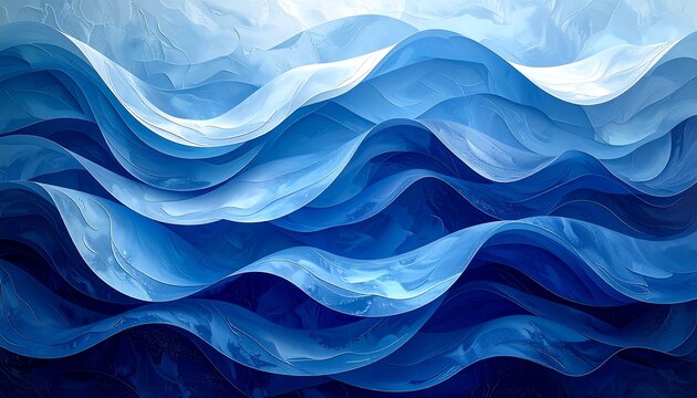 Abstract painting of stylized layered ocean waves in shades of blue