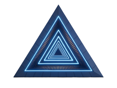 Abstract 3D triangle tunnel structure with infinite perspective and glowing blue neon light frames isolated on transparent background.