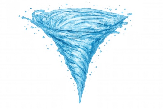 Water tornado vortex forming a dynamic spiral and splashing liquid against a transparent background