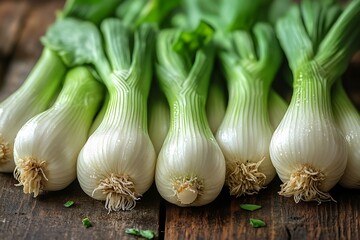 Fresh spring onions on wooden table healthy green vegetable organic produce high resolution photo