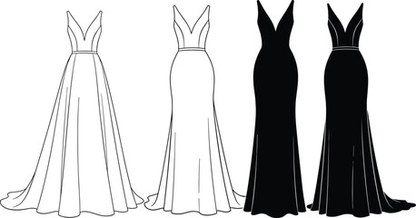 Evening gown icon set, formal dress silhouette graphics, V-neckline, fitted bodice, flowing skirt, black line art, minimal fashion design