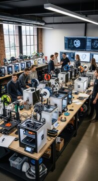 Busy 3D Printing Lab with Multiple Machines and People Working.