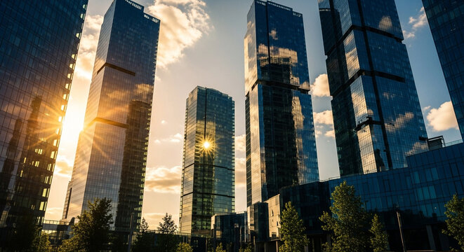 Skyscrapers rise against a bright sky, with sunlight creating a stunning urban landscape of modern architecture and towering glass buildings