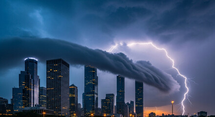 Dramatic lightning storm over a modern city skyline with dark clouds and bright flashes illuminating the urban landscape at night, creating a powerful scene