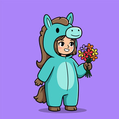 Smiling person in turquoise horse costume holding bouquet of flowers, on purple background.