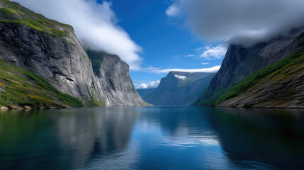 Obraz premium Majestic fjord with towering cliffs and serene waters under clouds