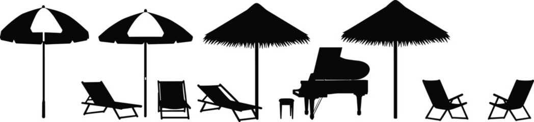 Silhouette of tropical beach umbrellas, lounge chairs, and grand piano under palm huts, perfect for summer vacation, relaxation, and design © Sakib World