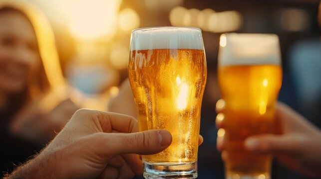 Cheers to friendship celebrating togetherness with beer toasts at sunset outdoor gathering lifestyle joyful atmosphere