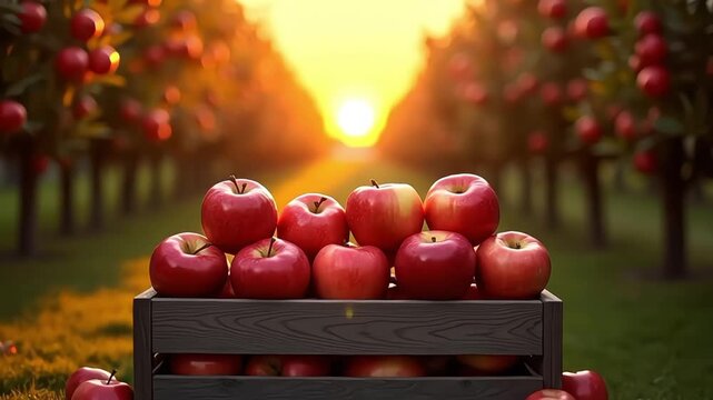 Ripe red apples in a wooden crate with a sunset view through apple orchard rows