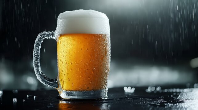 Refreshing beer in a frosted mug indoors beverage photography cozy atmosphere close-up view indulgence and relaxation