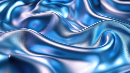 Abstract blue and silver silk fabric texture with flowing waves and folds.