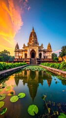 Fototapeta premium Ornate Temple Reflected in a Lily Pond at Sunset
