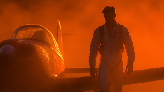 Pilot in Jumpsuit Walking Near Aircraft with Atmospheric Sunset Glow for Aviation Enthusiasts