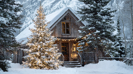 Cozy wooden cabin surrounded by snow covered trees and mountains, with beautifully decorated Christmas tree glowing warmly in foreground, creating serene winter scene