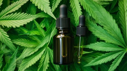 Exploring the benefits of cbd oil a close-up on hemp leaves and oil droppers in a green natural environment