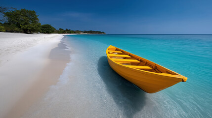 Colorful boat rests on a tranquil beach by clear blue water