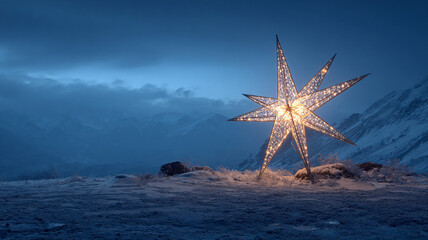 Glowing Christmas star illuminates snowy mountain landscape at dusk, creating serene and festive atmosphere