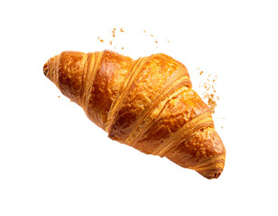 Floating Croissant with Crumbs on White Background