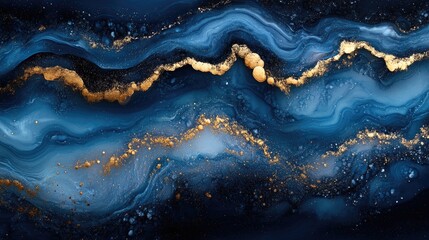 Abstract blue and gold marble texture with swirling patterns and glittering details.