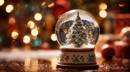 Snow globe with Christmas tree inside, surrounded by festive decorations and warm lights, evokes cozy holiday atmosphere. intricate details and soft glow create magical scene