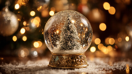 Snow globe with Christmas tree inside sits on decorative base, surrounded by soft, glowing lights and scattered snowflakes, creating warm festive atmosphere