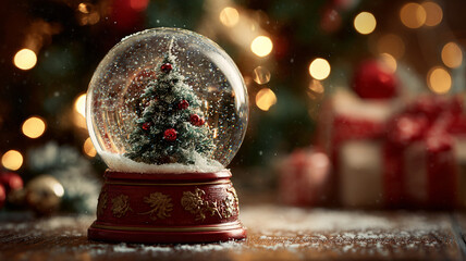 Snow globe with Christmas tree inside sits on wooden table, surrounded by festive decorations and glowing lights, creating warm holiday atmosphere