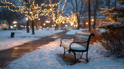 Snow covered bench in park with festive lights on trees creates serene winter scene. pathway is lined with glowing lamps, enhancing peaceful atmosphere