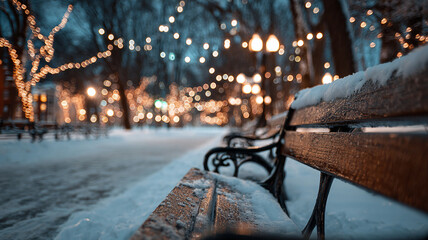 Snow covered bench in park with festive lights creates serene winter scene, evoking sense of tranquility and holiday spirit