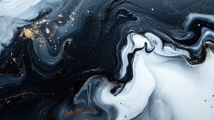 Abstract black, white, and gold liquid marble texture.