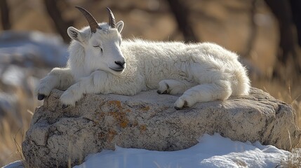 A young Dall sheep rests peacefully on a rock in a snowy mountain landscape, eyes closed, basking in the sunlight.
