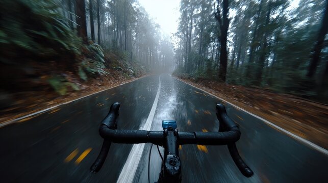 A cyclist views a winding, rainy road through a foggy forest, creating a sense of adventure and tranquility in nature. - Powered by Adobe