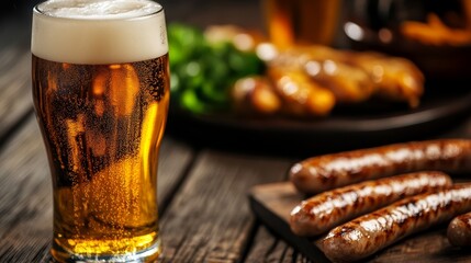Sizzling sausages and refreshing beer backyard bbq gathering food photography rustic vibe close-up flavorful experience