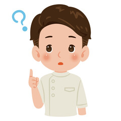 白色のケーシーを着た疑問を持つ男性　上半身イラスト／Confused man wearing a white medical tunic　upper body illustration