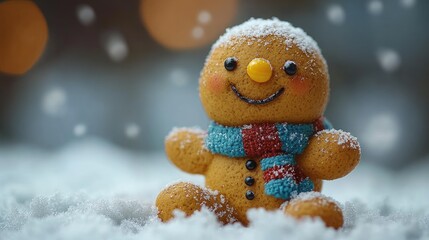 A cute gingerbread man figurine sits in the snow, wearing a scarf.  Snowflakes fall gently around it.