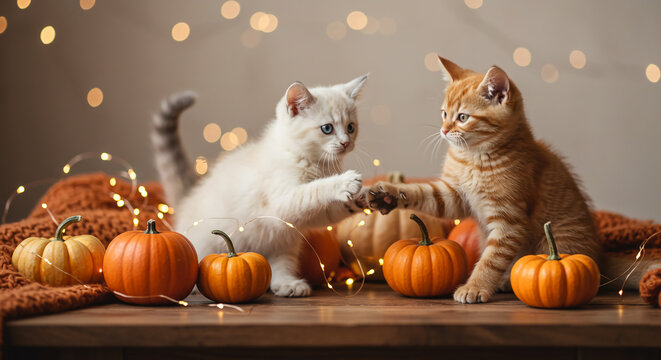 Adorable kittens playing amongst pumpkins and festive lights, celebrating the spirit of halloween in a cozy autumnal scene - Powered by Adobe