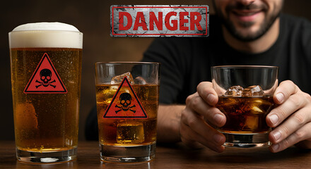 a person having fun and drinking alcoholic beverages, with a warning of danger, awareness of the risks of alcohol consumption