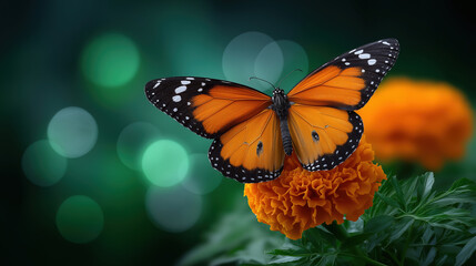Fototapeta premium Colorful butterfly resting on marigold flower at sunset